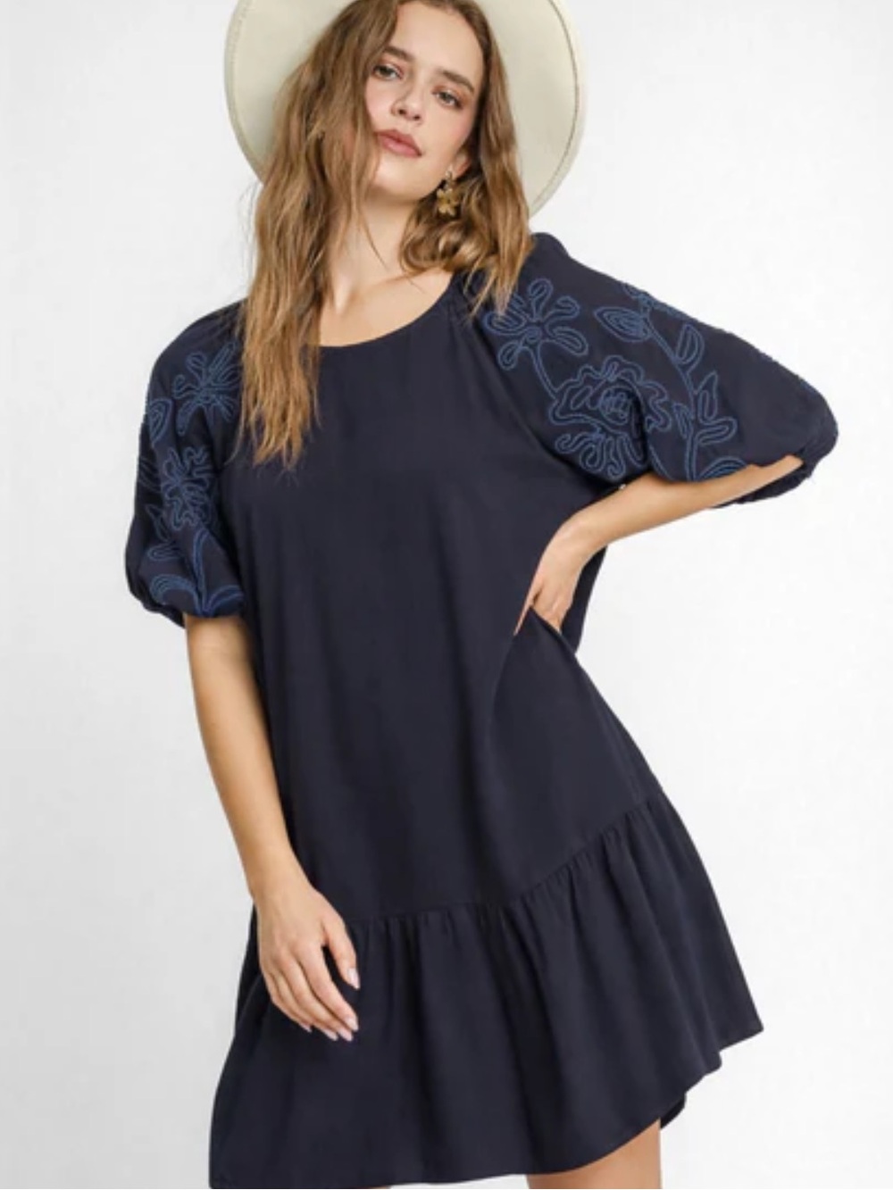 Umgee Navy‎ blue embroidery puff sleeve dress NEW